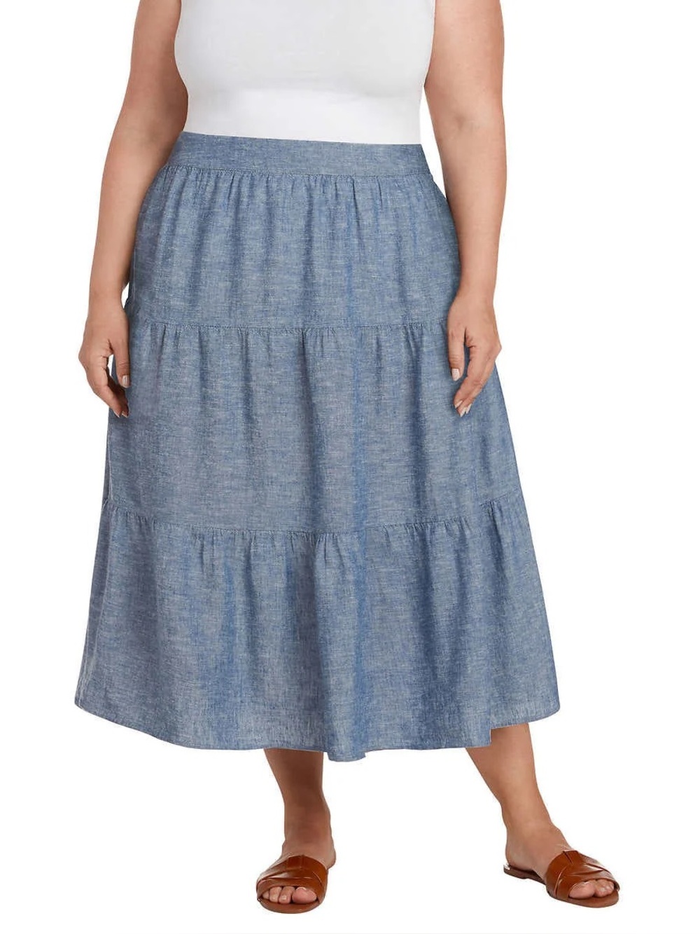 Matty M Denim Blue Linen Blend Tiered Skirt